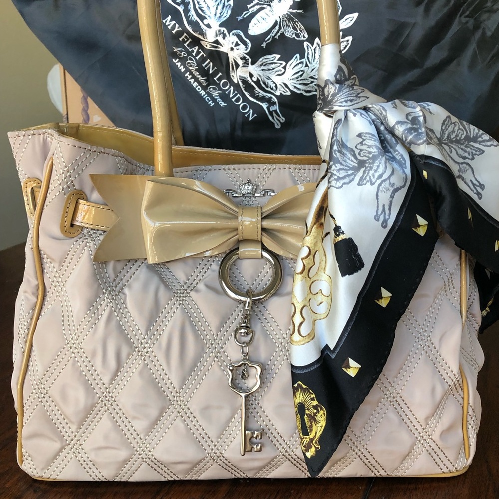 My Flat in London Pink Quilted Tote with Gold Bow and Black-White Scarf